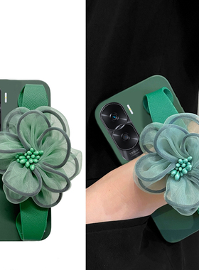 绿色纱花适用华为荣耀x50pro手机壳60se手腕x50gt立体v40轻奢版x50i+十带花朵honor50斜挎por硅胶六十软壳女
