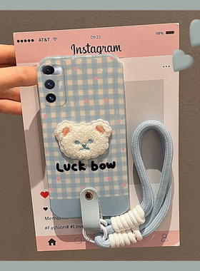 蓝色格子适用小米mixfold4手机壳mixfold3立体mixfold2折叠屏mixflip硬壳mi刺绣小熊挂绳卡通小清新手提可爱