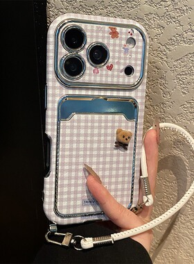 格子卡通小熊适用opporeno14手机壳reon13斜挎12可背带11卡包真我v23挂绳q5i立体a58x电镀a57仿皮0ppo电镀软p