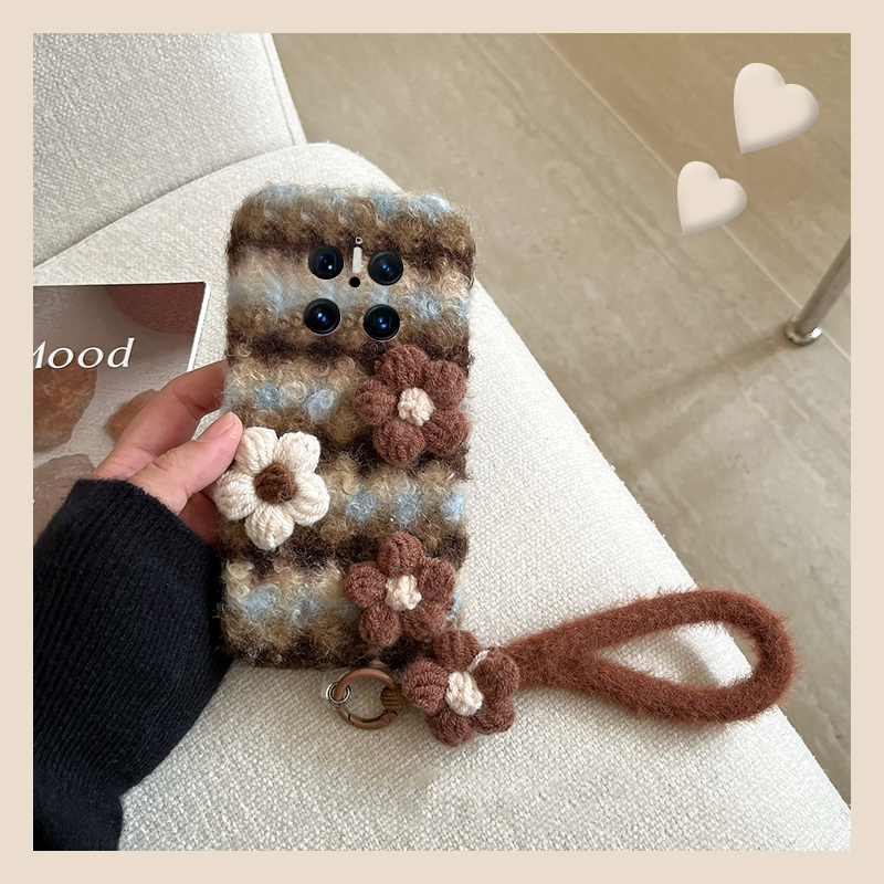 ins风针织花朵适用华为mate70pro+手机壳meta60撞色mata50e毛绒rs保时捷设计mete40e十m30秋冬20x条纹10挂绳p