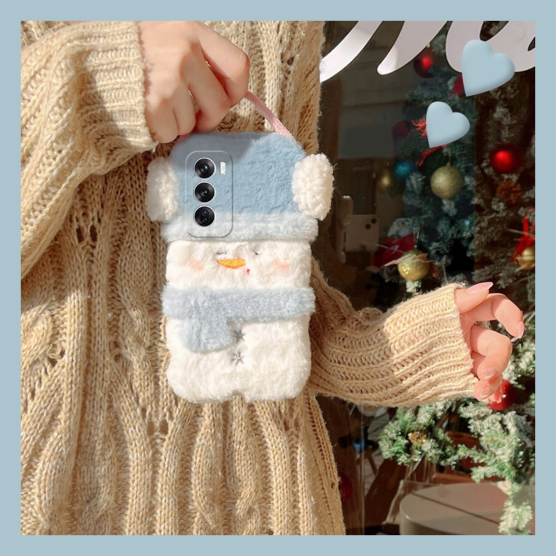 可爱毛绒雪人适用opporeno13手机壳reno12pro卡通reon11秋冬季10por+十9立体7se毛茸茸6少女5k保暖4se硅胶3软
