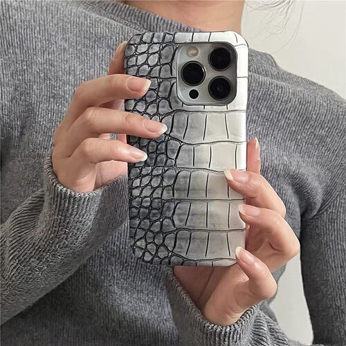 手机壳仿皮皮纹简约晕染水墨白拼