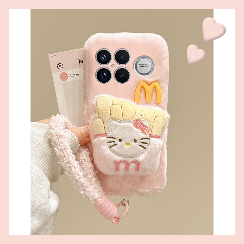 粉色薯条kt猫适用小米红米k90promax手机壳k80尼龙绳k70pro秋冬k60e至尊版k50毛绒turbo4卡通3/k40s/k30i/12x