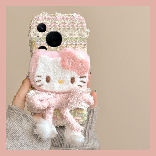 粉色蝴蝶结kt猫适用华为pura80pro+手机壳pura70ultra可爱p60art呆萌40por+十p30秋冬季p20毛绒p10plus卡通软