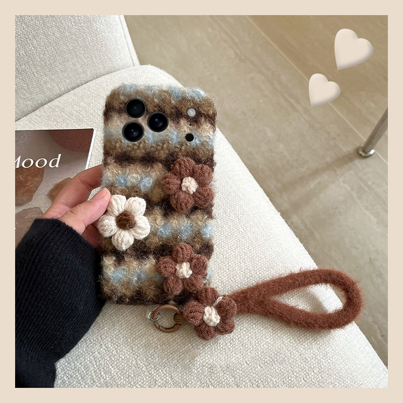 ins风针织花朵适用苹果17promax手机壳华为pura80荣耀400pro小米17撞色vivos30毛绒opporeno14秋冬季x300挂绳