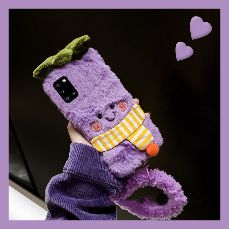 毛绒紫色茄子适用三星a90手机壳a80挂环a70s立体a50暖手a30毛茸茸a20创意a10硅胶a52卡通a8s女galaxy/a53/f52