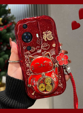 红色招财猫支架适用华为nova12pro手机壳nove11ultra带挂绳novo10新年hinova9se卡通8波浪纹7i硅胶6软壳5可爱