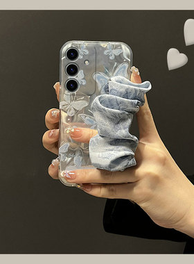 蓝色蝴蝶丝巾适用三星s24plus手机壳s23+十s22腕带s21fe斜挎s20ultra可背s10硅胶s9软壳s8小众note20女galaxy