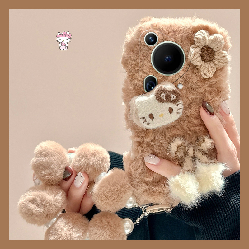 花朵kitty猫适用华为pura70pro手机壳p60art毛球p50e挂链p40por+十p30可爱p20毛绒绒p10plus秋冬季p9硅胶毛绒