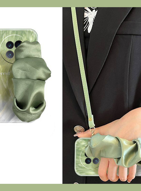 绿色晕染适用vivoxfold3pro手机壳xfold2立体xflip褶皱vivo腕带vovo折叠屏斜挎vivi可背带+十硬壳日韩羽纱女