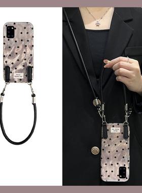 满屏黑色波点适用三星a90手机壳a80斜挎a70s可背带a50韩风a30高级感a20羽纱a10硅胶a52/a8s/galaxy/a53/f52软