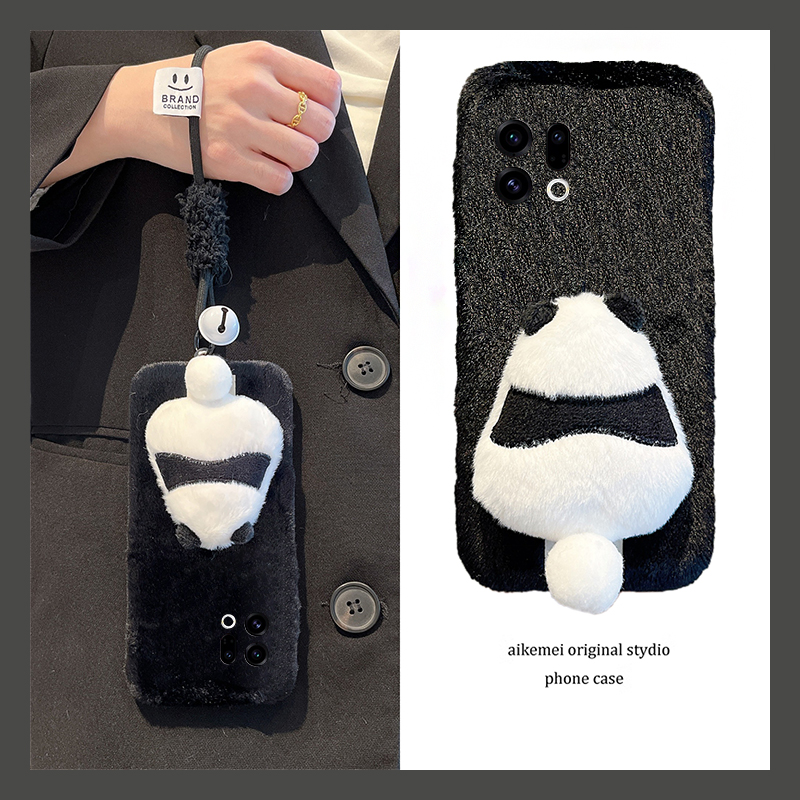 可爱熊猫尾巴适用oppofindx9plus手机壳fondx8挂绳x50pro呆萌k12x毛绒x7秋冬季x6por/ultra/x5/x3/realme卡通