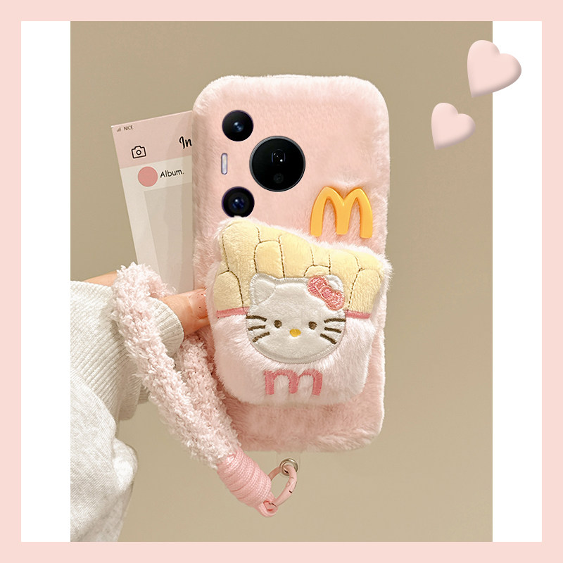 粉色薯条kt猫适用华为pura80pro+手机壳pura70ultra尼龙绳p60art立体40por+十p30秋冬季p20毛绒p10plus卡通软