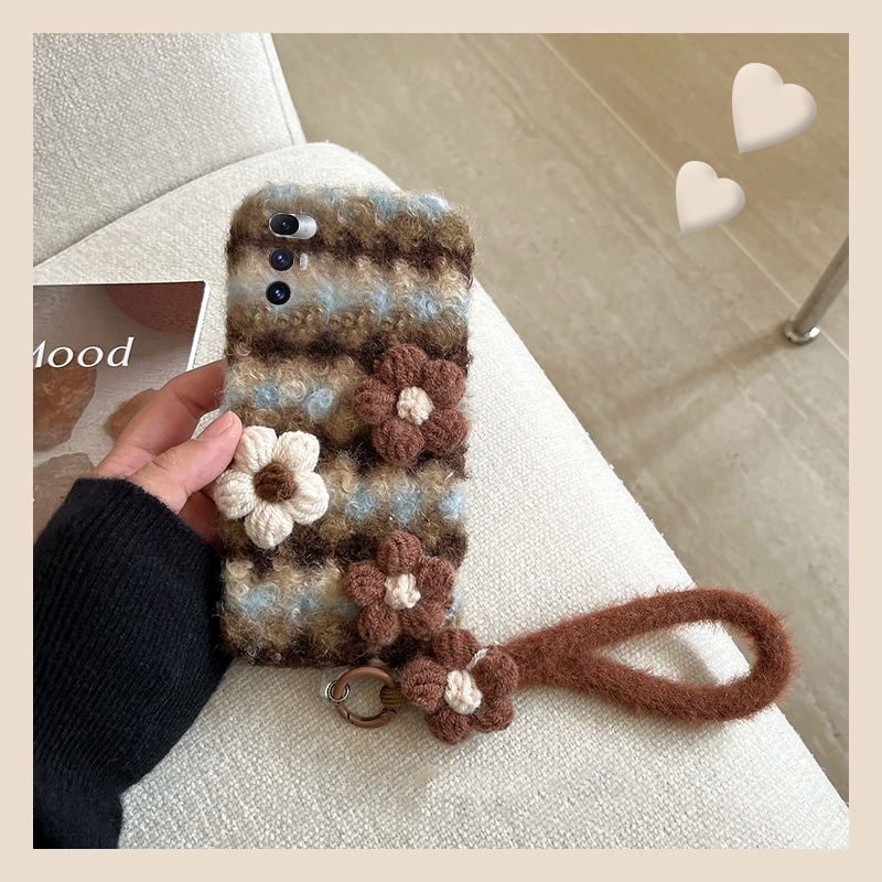 ins风针织花朵适用小米mixfold4手机壳mixfold3撞色mixfold2折叠屏mixflip条纹mi秋冬季毛绒毛茸茸立体挂绳硬