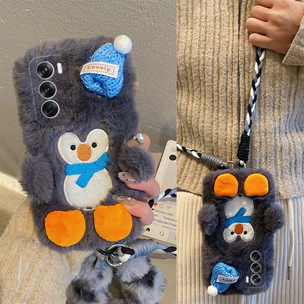 可爱毛绒企鹅适用opporeno13手机壳reno12pro斜挎reon11可背带10por+十9毛毛7se卡通6针织帽5k立体4se硅胶3软