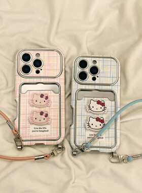 卡通kt猫凯蒂猫适用小米红米k80手机壳note13pro手提绳12turbo挂绳turbo4pro格子k70卡包k60简约redmi电镀软p