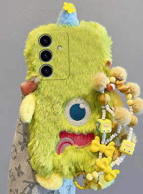 绿色独眼怪适用三星s24plus手机壳s23+十s22立体s21fe挂链s20ultra卡通s10秋冬季s9毛绒绒s8硅胶note20galaxy