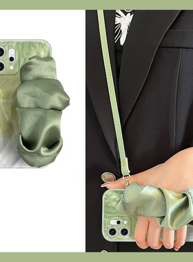 绿色晕染适用适用opporeno14手机壳reon14pro立体por褶皱十四腕带0ppo斜挎oppo可背带新款硅胶日韩斜跨羽纱软