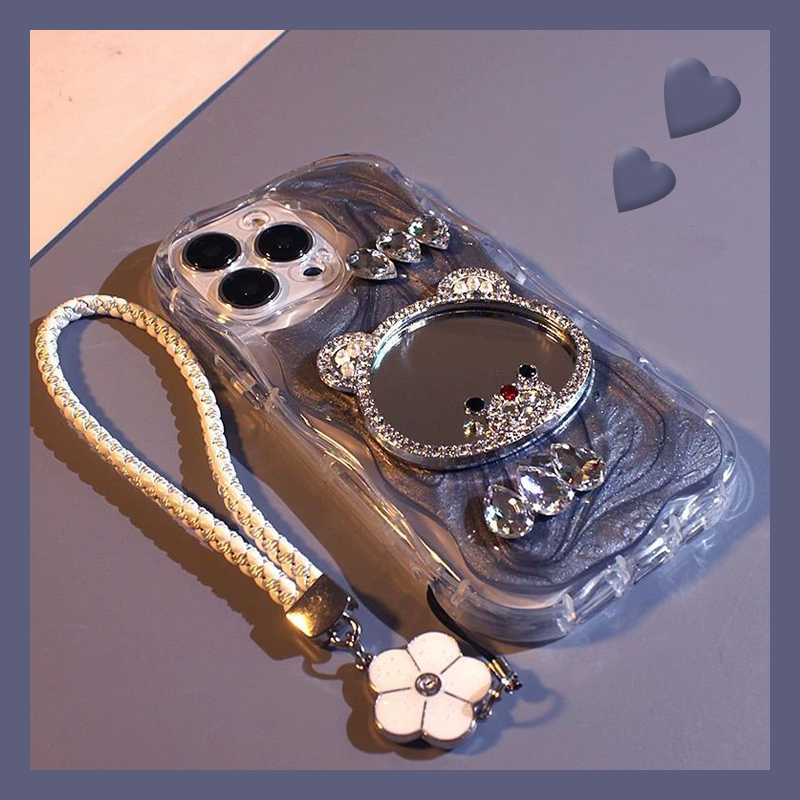 钻石小熊镜子适用华为荣耀400手机壳300pro+手绳200lite镜面100卡通90por立体80gt直屏版70水钻60软30s/honor