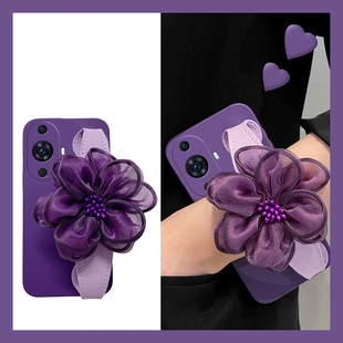 紫色花朵纱花适用华为nova12pro手机壳novo11ultra腕带nowa10z斜挎nove9se小众8硅胶7i活力版6可背5z个性4e3i