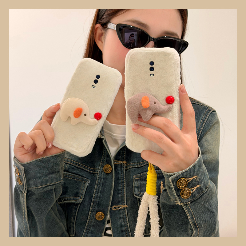 可爱呆萌大象适用oppor17pro手机壳r15x梦境版r11splus立体r9s尼龙绳r7plus秋冬季r17毛绒oppo毛茸茸0pp0卡通