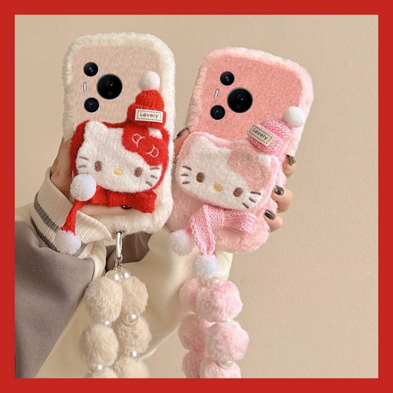 圣诞帽子kt猫适用华为pura80pro+手机壳pura70ultra毛球p60art挂链40por+十p30秋冬季p20毛绒p10plus凯蒂猫软