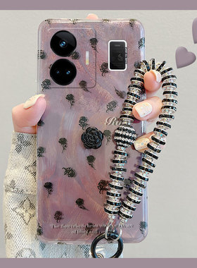 黑色玫瑰花适用oppo真我gt2pro手机壳v25高级感v15羽纱v11带手链realme女v5q5q3s/q2/gt5/gtneo5大师探索版2t