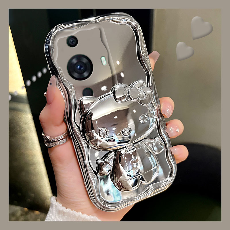 电镀高级感银色KT猫镜子镜面支架手机壳