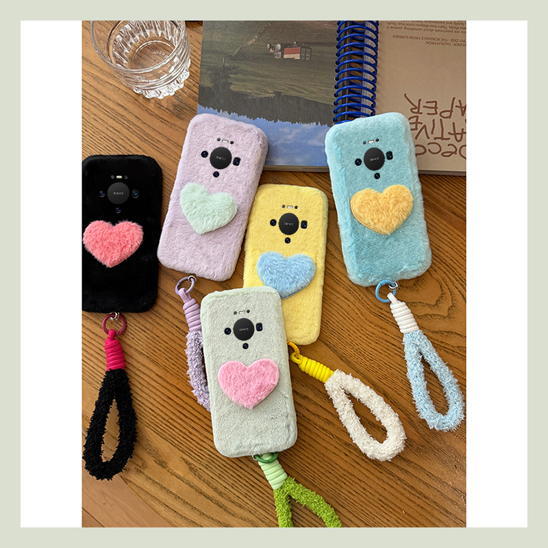 ins风简约爱心适用华为mate80promax手机壳meta70pro+挂绳mata60纯色m50e毛绒rs保时捷设计40e秋冬季30十20x