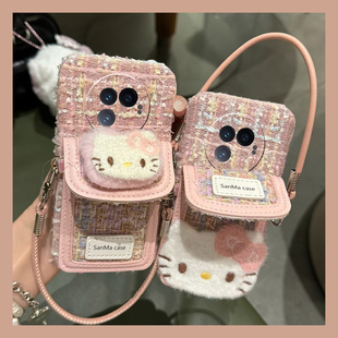 粉色kt猫适用vivoxfold3pro手机壳xfold2挂绳xflip卡包vivo日韩vovo折叠屏秋冬季vivi毛绒绒+十硬壳小香风女