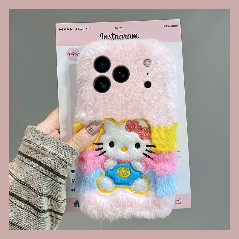刺绣彩虹kt猫适用苹果17air手机壳iphone16promax斜挎15plus可背带14秋冬13mini迷你12毛绒11卡通xr8/7xsmax6