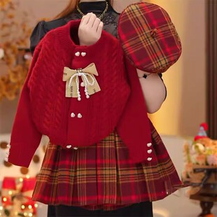 女童冬季套装新年圣诞小香风红色蝴蝶结加厚毛衣女孩格纹百褶半裙