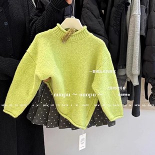 韩版女童2025冬季新款荧光绿半高领针织毛衣小女孩灰色波点百褶裙