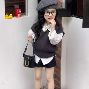 韩国童装2025秋季新款灰色针织坎肩马甲女童洋气上衣黑色半身裙潮