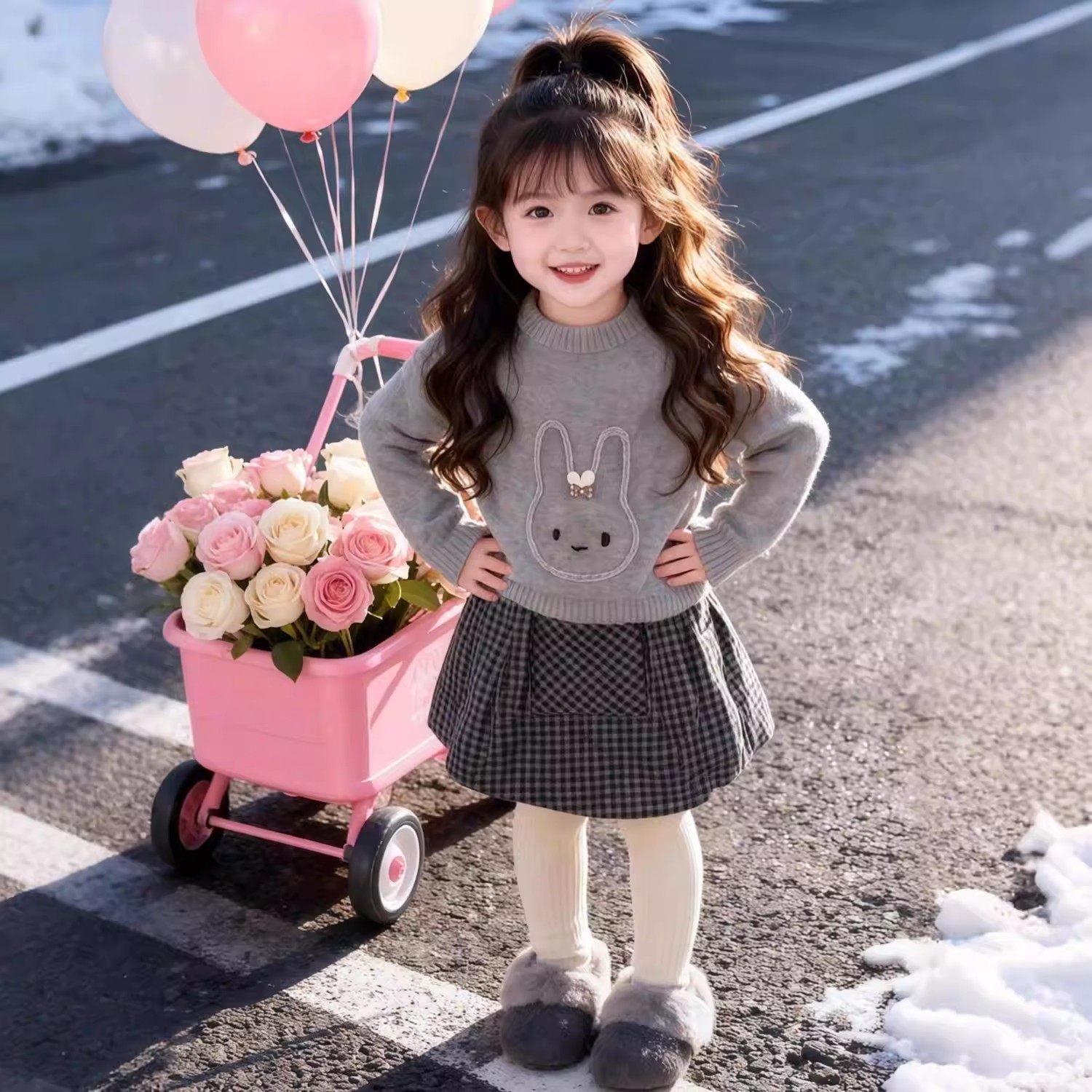 韩版女童2026秋冬新款灰色可爱兔子针织毛衣小女孩格子夹棉半身裙