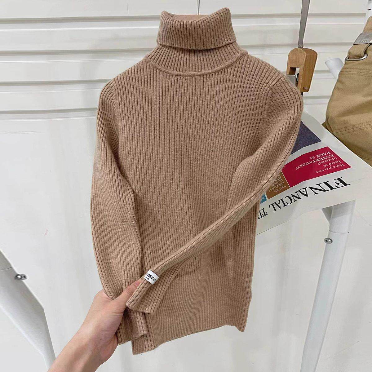 韩版童装2026春秋冬季新款卡其色半高领坑条毛衣男女童针织打底衫