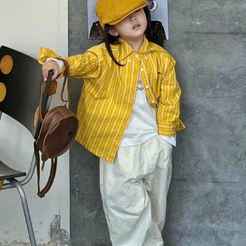韩版儿童2026春季新款黄色竖条纹衬衫外套男女童白色涂鸦阔腿裤潮