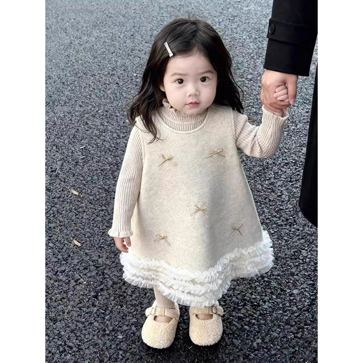 女童冬季小香风蝴蝶结毛呢背心裙