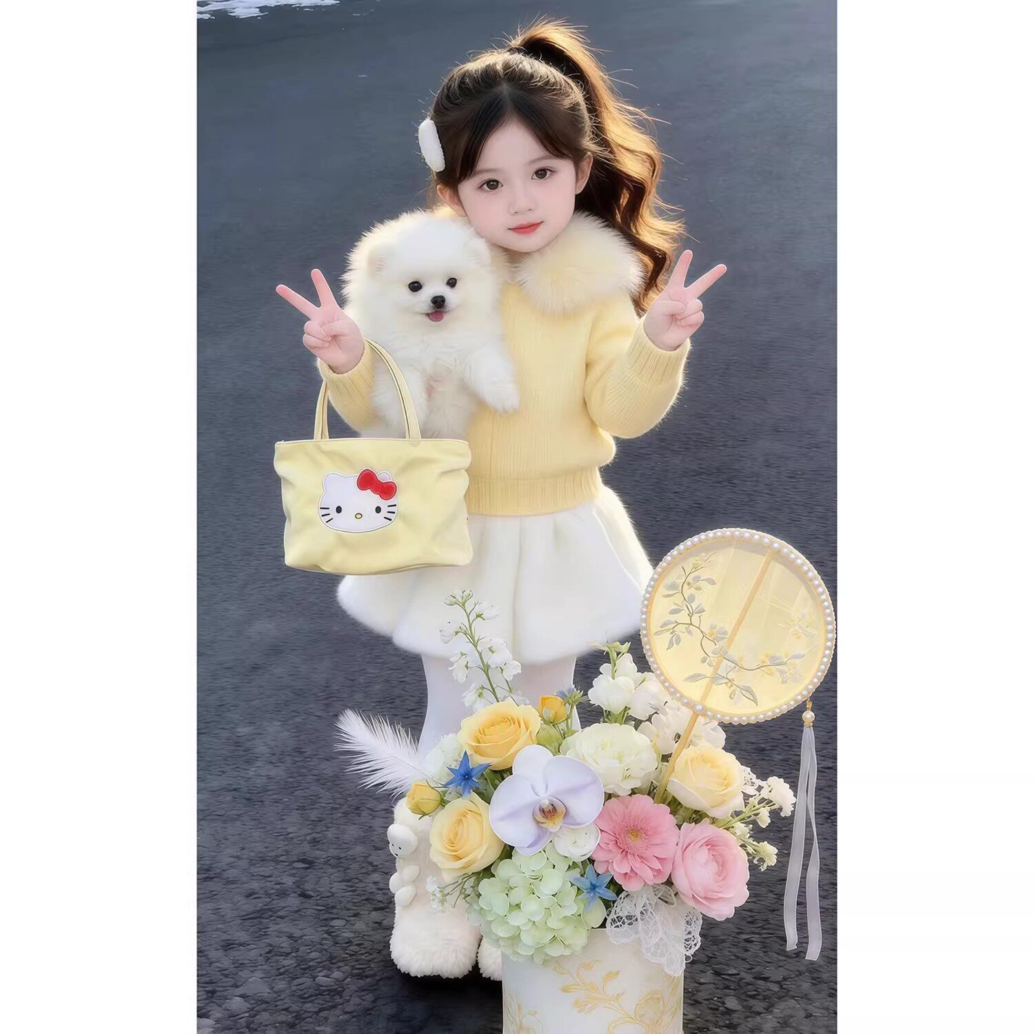 韩版女童2026冬季新款甜美奶黄色毛绒娃娃领拉链毛衣女宝宝半身裙