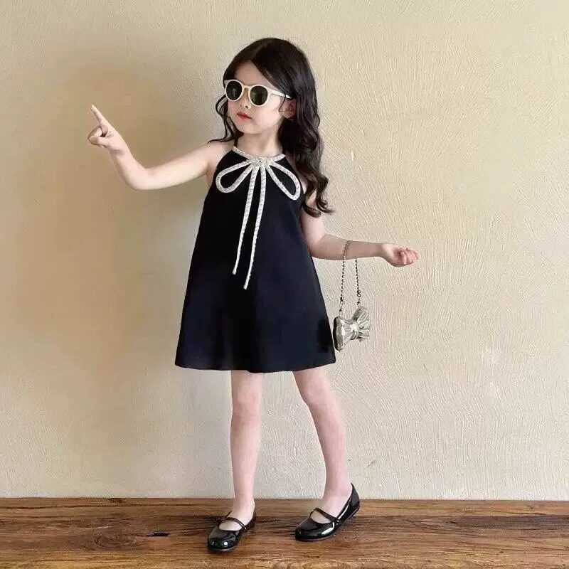 女童黑色挂脖连衣裙夏季吊带裙子