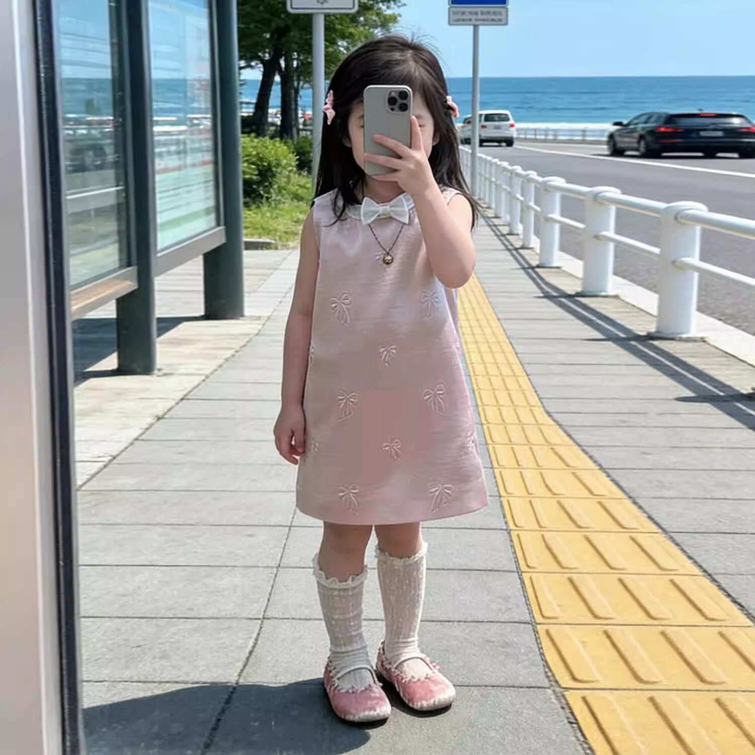 法式女童2026夏季新款粉色蝴蝶结缎面背心裙宝宝小香风周岁礼服裙