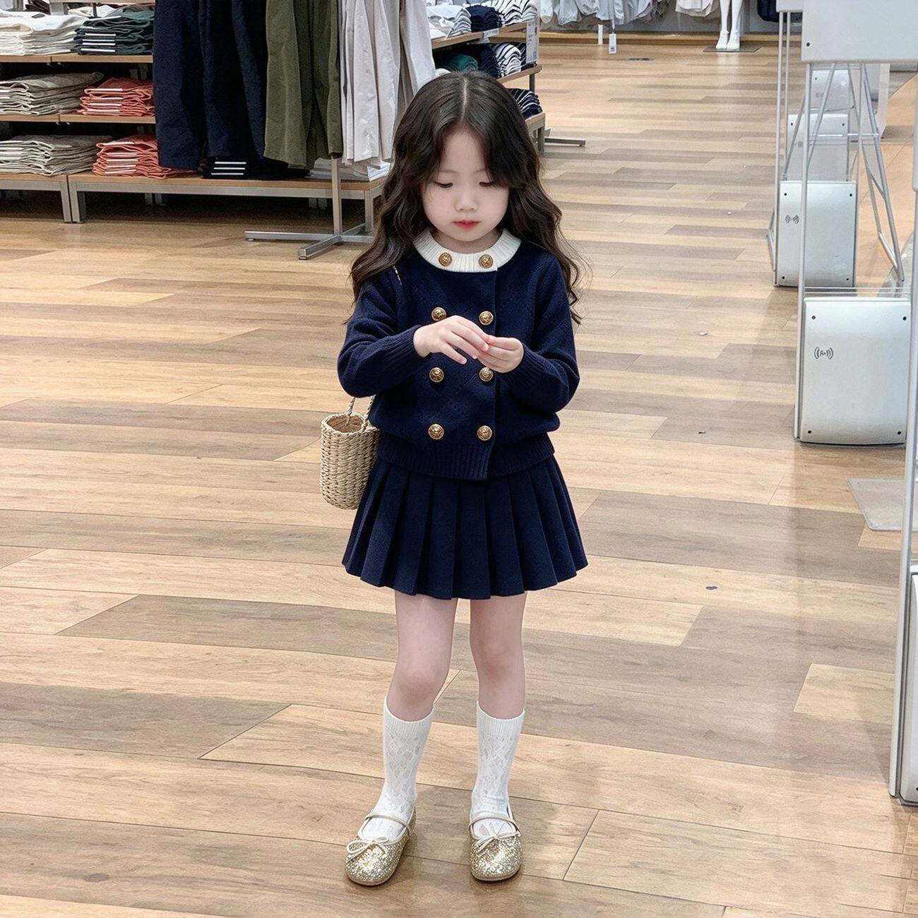 女童秋冬藏青拼色双排扣针织开衫