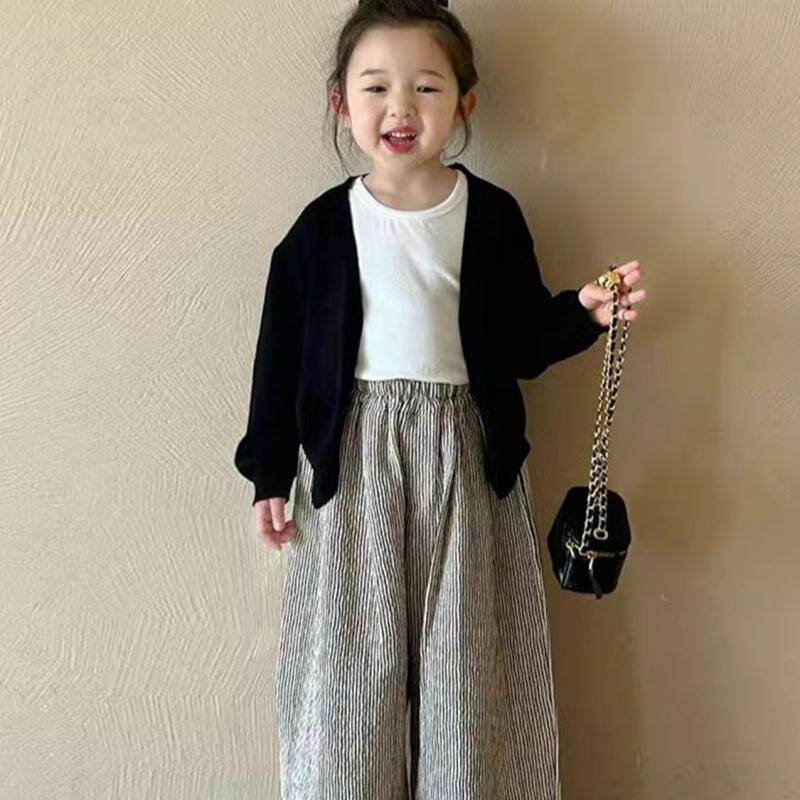 韩版女童2026春季新款套装女宝宝黑色薄款百搭针织开衫条纹阔腿裤