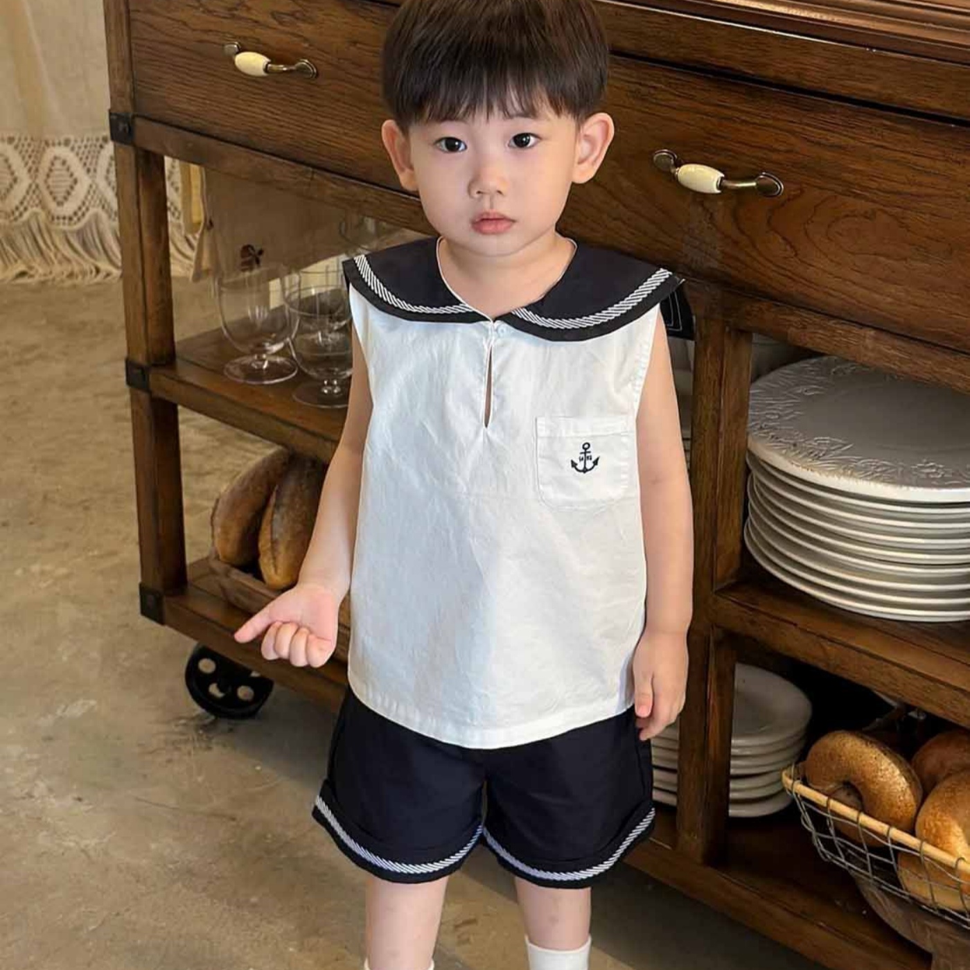 韩国童装2025夏季新款白色海军领无袖背心上衣男女童休闲工装短裤