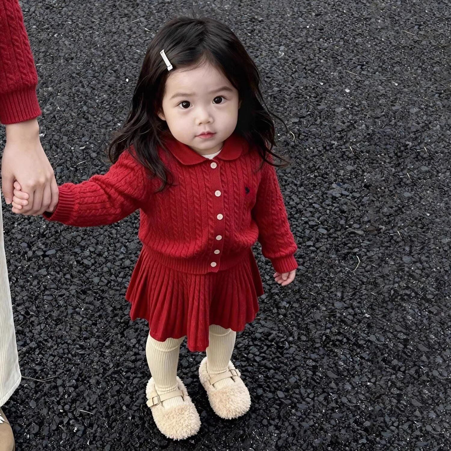 韩版女童2025冬季新款圣诞新年红色方领针织开衫女宝宝针织半身裙