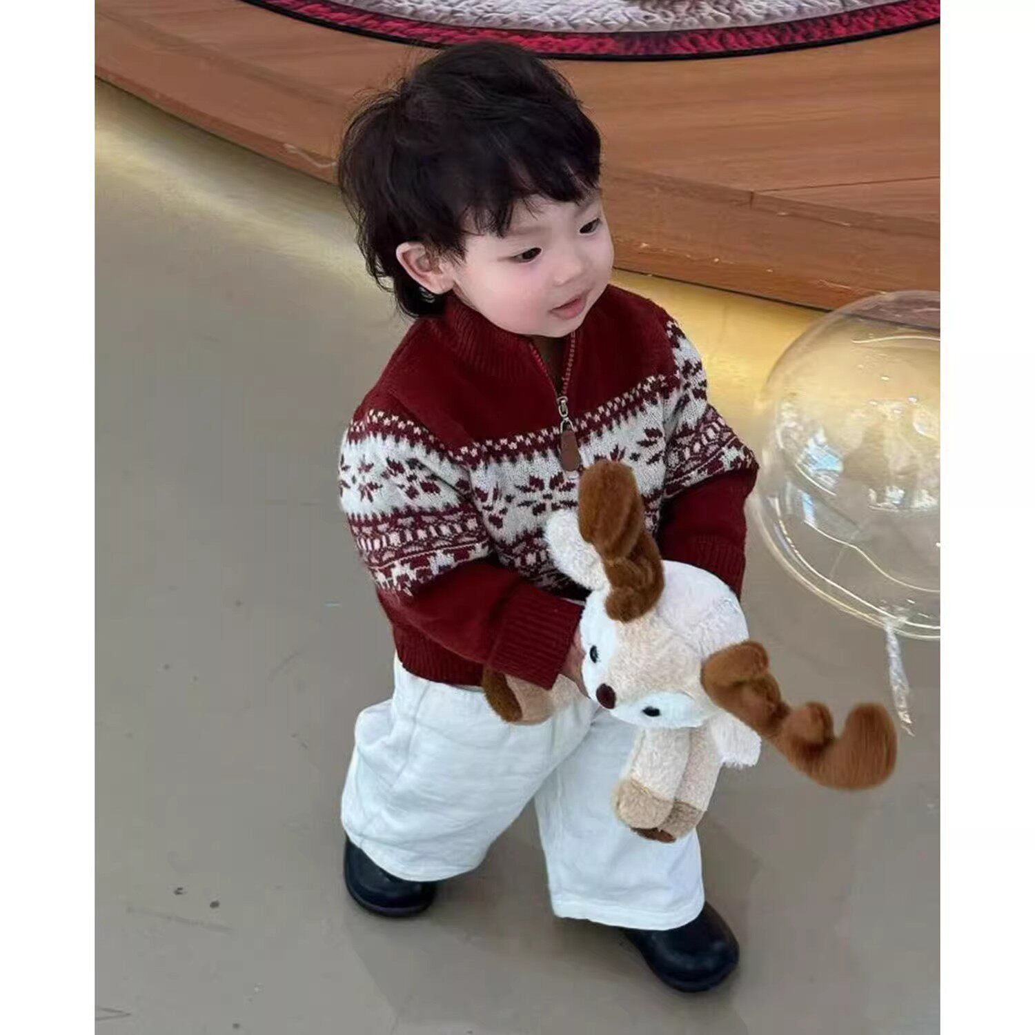 韩版男童2025秋冬新款红色费尔岛提花加厚毛衣儿童白色休闲直筒裤