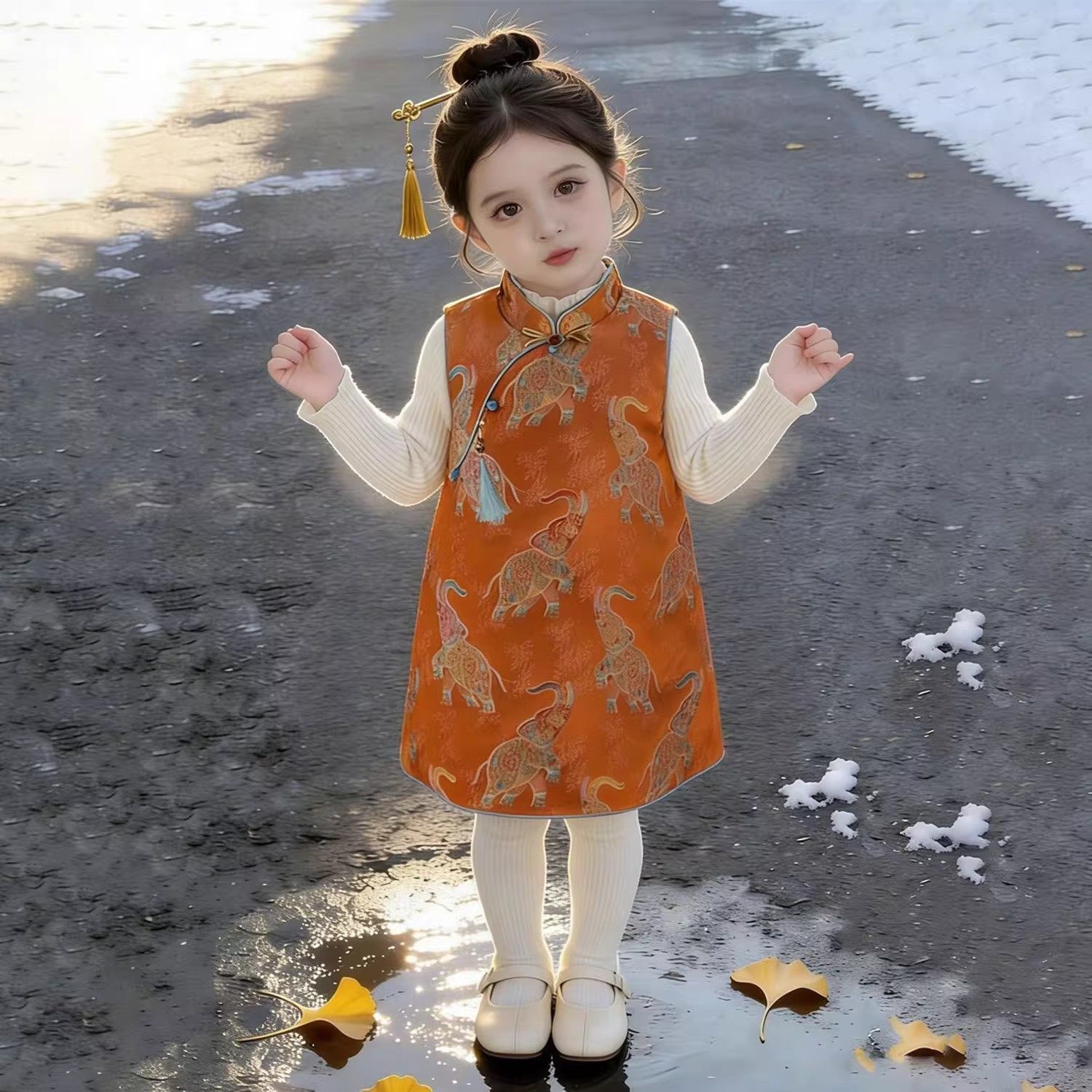 新中式女童2026冬季新款橘色小象提花旗袍裙小女孩国风拜年背心裙,童装/婴儿装/亲子装,套装,淘宝优惠券,粉丝福利购,淘宝优惠卷
