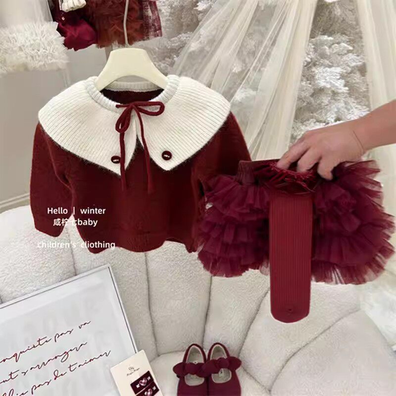 韩版女童2025冬季新款小香风红色娃娃领加厚毛衣女孩网纱蛋糕半裙