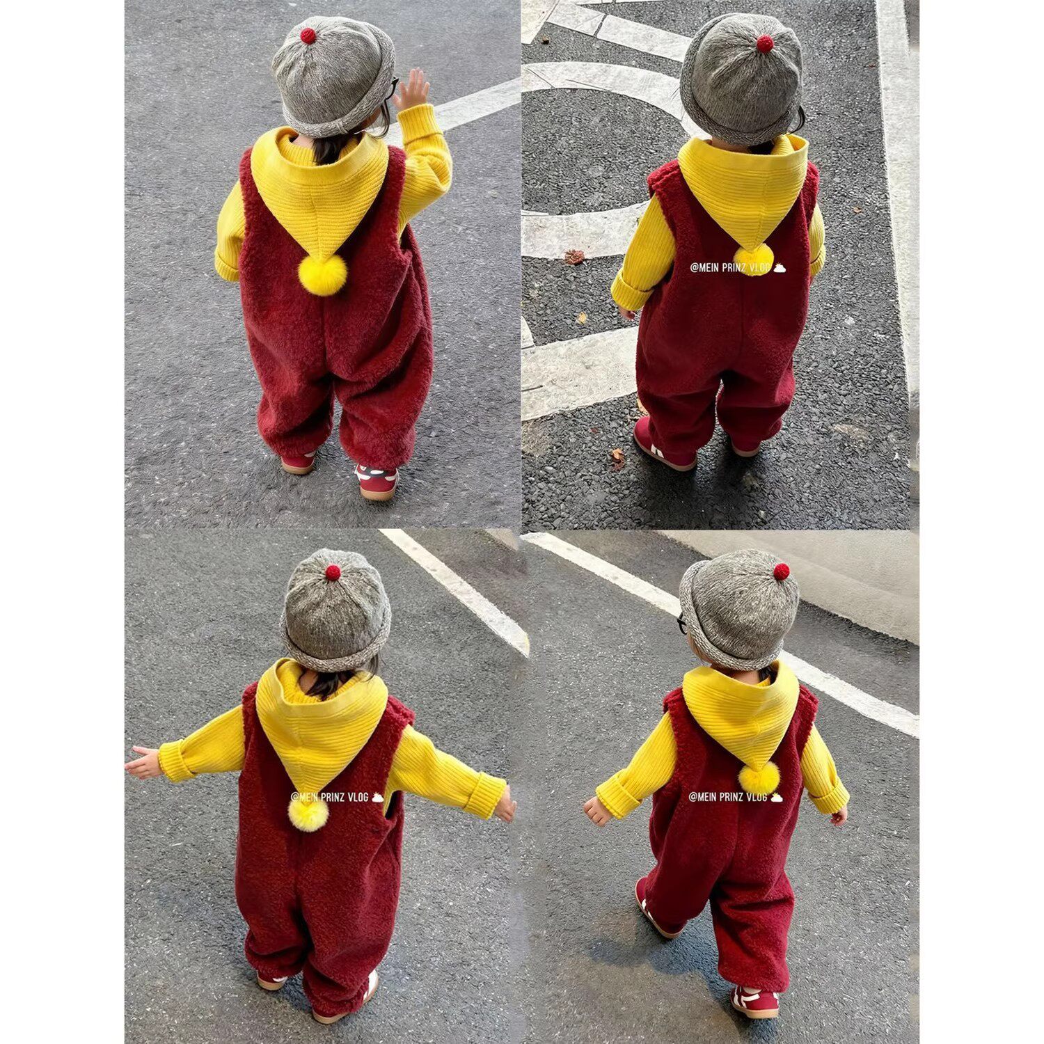 韩版男童冬季新年款红色羊羔绒夹棉背带裤儿童加厚连体裤黄色毛衣