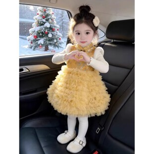 新中式女童2025冬季新款黄色网纱蛋糕旗袍裙女孩蝴蝶结礼服公主裙